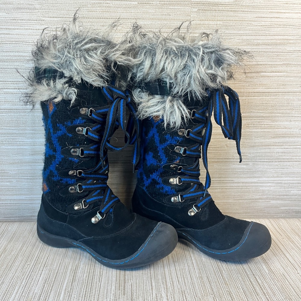 Muk Luks Women Black Blue Knit Suede Thinsulate Winter Boots SZ 6‎ Faux Fur Trim